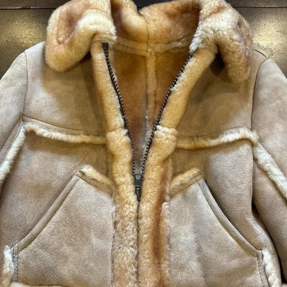 Shearling Trim Suede Jacket in Beige-Tan - Picture 7 of 8